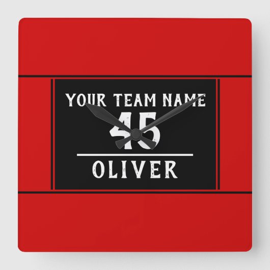 Rood zwart met teamnaam nummer vierkante klok (Voorkant)