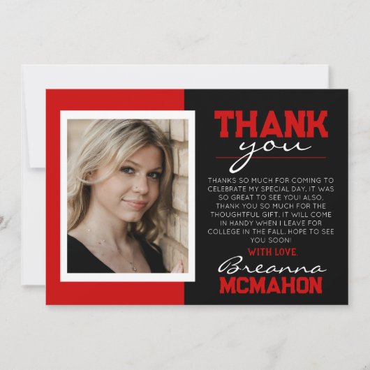 Rood & Zwart Modern Afstuderen Foto Dank u Kaart (Voorkant)