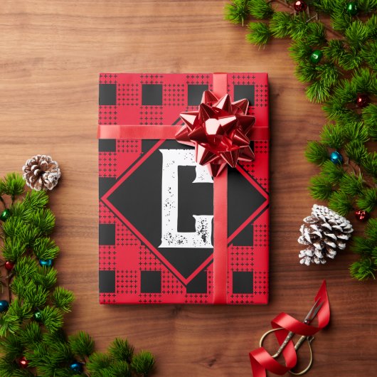 rood & zwart modern buffelplaid Monogram initiaal Cadeaupapier (Feestdagen Geschenken)
