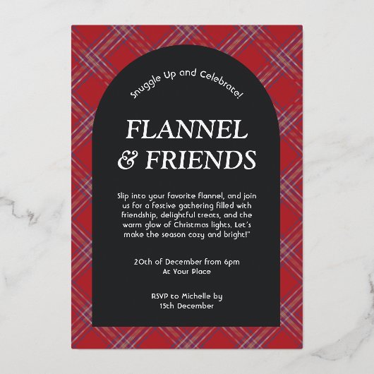 Rood Zwart Modern Flanel en Vrienden Kerstmis Folie Uitnodiging (Voorkant)
