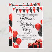 Rood & Zwart Modern Verjaardagsfeestuitnodiging Kaart (Voorkant / Achterkant)
