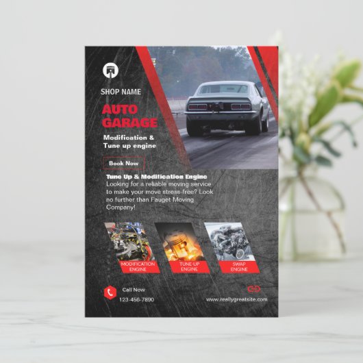 Rood & Zwart Moderne Auto Garage Flyer Kaart (Staand voorkant)