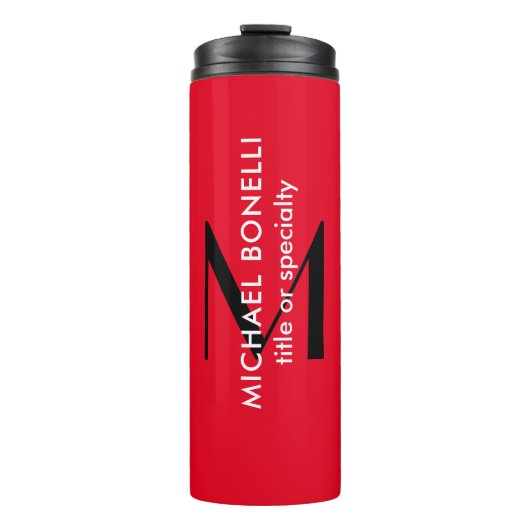 Rood Zwart Monogram Moderne Minimalistische Sjablo Thermosbeker (Voorkant)