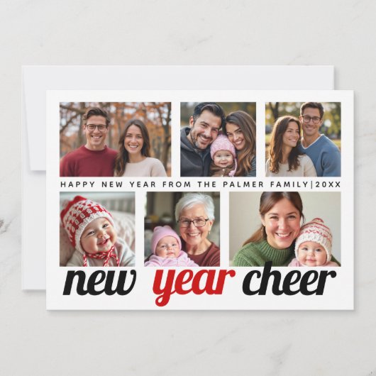 Rood, zwart Nieuwjaar Cheer zes fotocollage 2025 Feestdagenkaart (Voorkant)