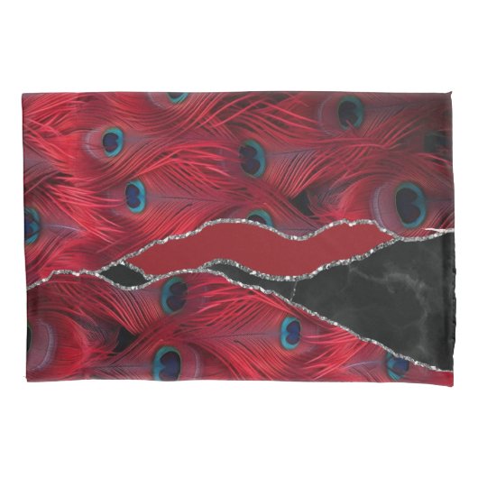 Rood Zwart Peafowl Marmer Agaat Glam Kussensloop (Voorkant)