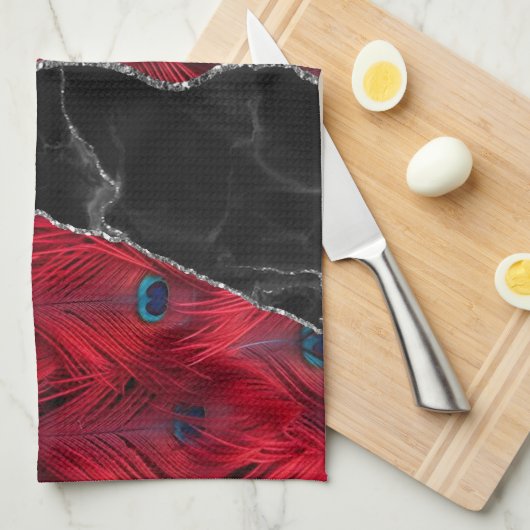 Rood Zwart Peafowl Marmer Agaat Glam Theedoek (Quarter Fold)
