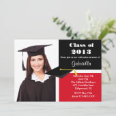 Rood & zwart Photo Afstuderen-uitnodiging Kaart (Staand voorkant)