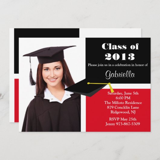 Rood & zwart Photo Afstuderen-uitnodiging Kaart (Voorkant / Achterkant)