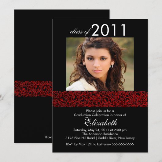 Rood & zwart Photo Afstuderen-uitnodiging Kaart (Voorkant / Achterkant)