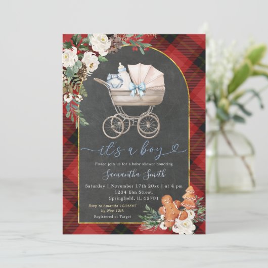 Rood Zwart Plaid Baby Koets Douche Kerst Kaart (Staand voorkant)