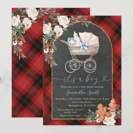 Rood Zwart Plaid Baby Koets Douche Kerst Kaart (Voorkant / Achterkant)