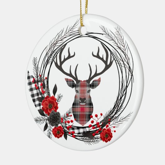 Rood Zwart Plaid Buck Herten Krans Keramisch Ornament (Links)