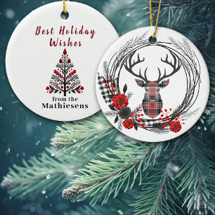 Rood Zwart Plaid Buck Herten Krans Keramisch Ornament