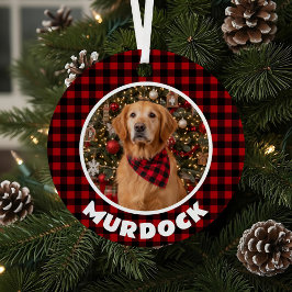 Rood & Zwart Plaid Kerstmis Gepersonaliseerde Pet Metalen Ornament