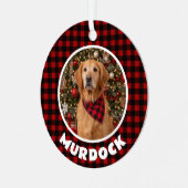 Rood & Zwart Plaid Kerstmis Gepersonaliseerde Pet Metalen Ornament (Voorkant links)