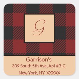 Rood & Zwart Plaid Monogram Terugkeeradreszegel Vierkante Sticker
