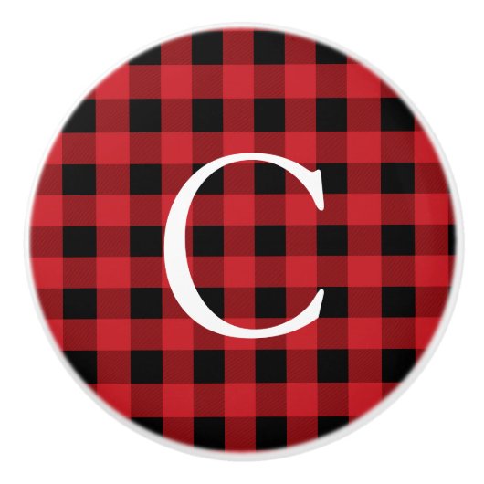 Rood & Zwart Plaid Squares Rustieke Country Dresse Keramische Knop (Voorkant)