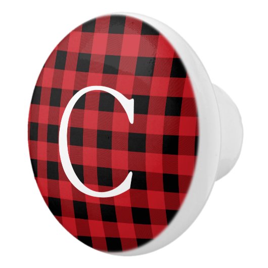 Rood & Zwart Plaid Squares Rustieke Country Dresse Keramische Knop (Rechts)