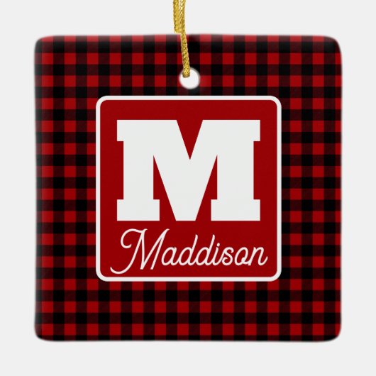 Rood & Zwart Plakken Monogram Naam Kerstmis Keramisch Ornament (Voorkant)