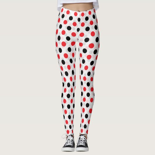 Rood Zwart Polka Dots Textiel Patroon Ontwerp Leggings (Voorkant)