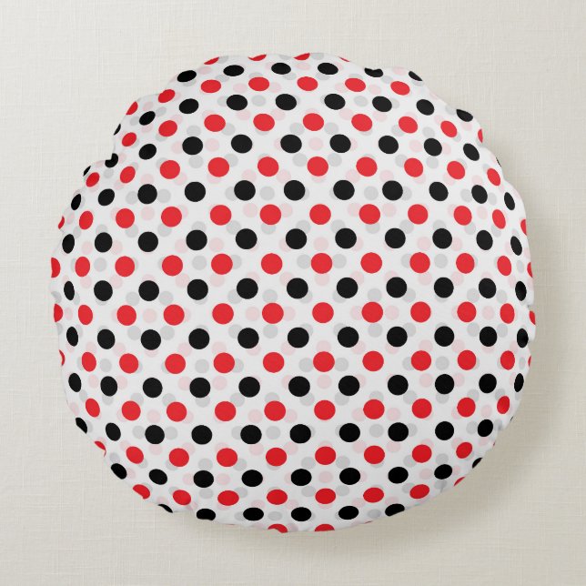 Rood Zwart Polka Dots Textiel Patroon Ontwerp Rond Kussen (Voorkant)