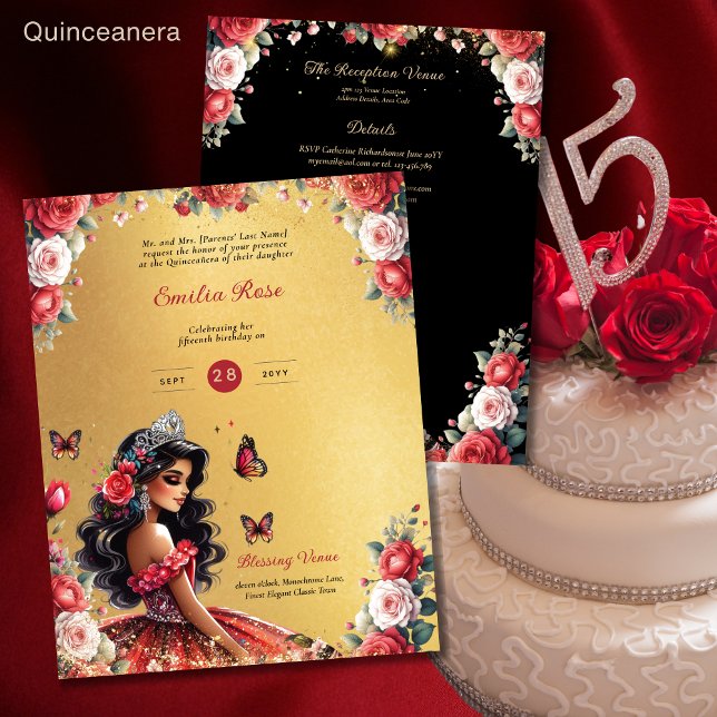 Rood Zwart Quinceanera Jurk Bloemen Vlinders (Creator heeft geüpload)
