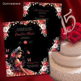 Rood Zwart Quinceanera Jurk Bloemen Vlinders