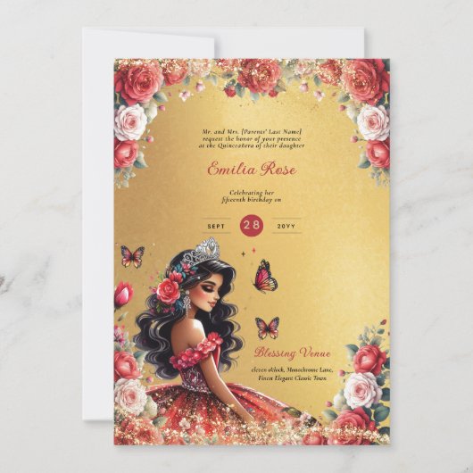 Rood Zwart Quinceanera Jurk Bloemen Vlinders Kaart (Voorkant)