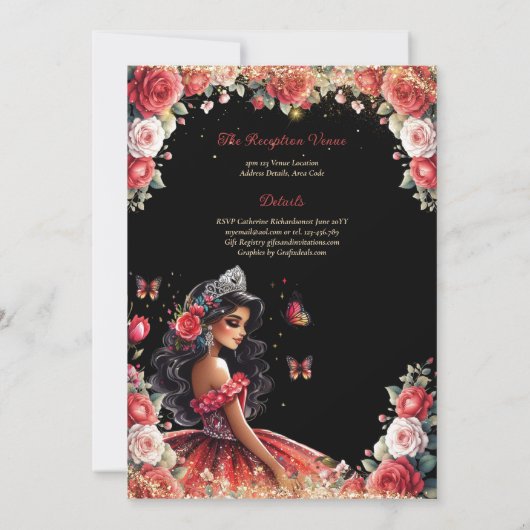 Rood Zwart Quinceanera Jurk Bloemen Vlinders Kaart (Achterkant)
