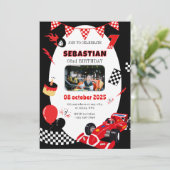 Rood & Zwart Race Verjaardag Uitnodiging - Aangepa (Staand voorkant)