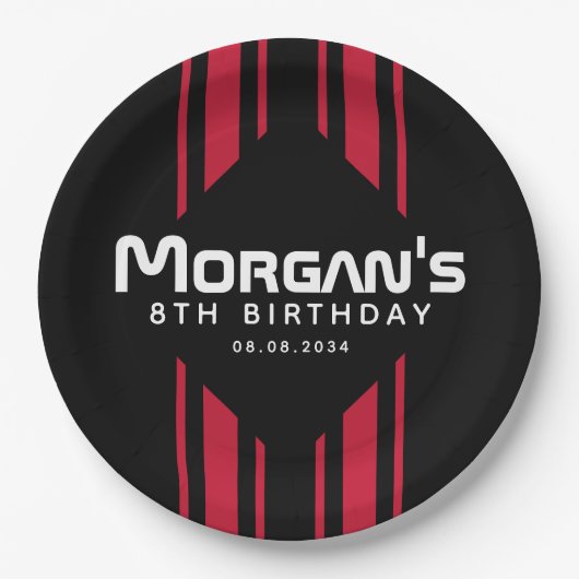 Rood Zwart Racing Car Stripe Verjaardagsfeest Papieren Bordje (Voorkant)