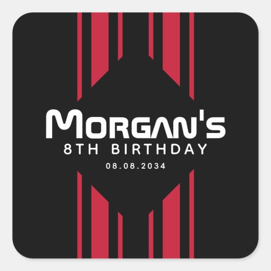 Rood Zwart Racing Car Stripe Verjaardagsfeest Vierkante Sticker (Voorkant)