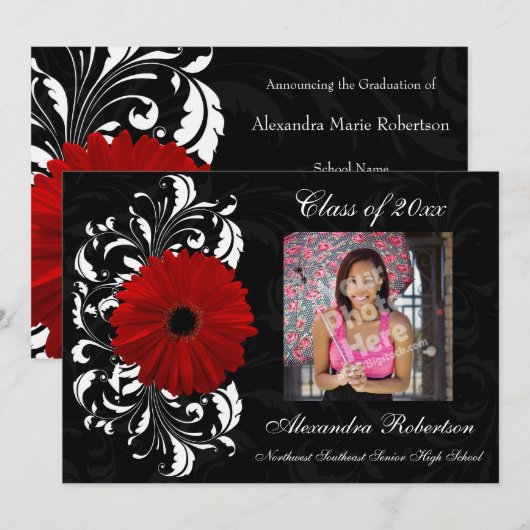 Rood/zwart Rol Gerbera Daisy Afstuderen Kaart (Voorkant / Achterkant)