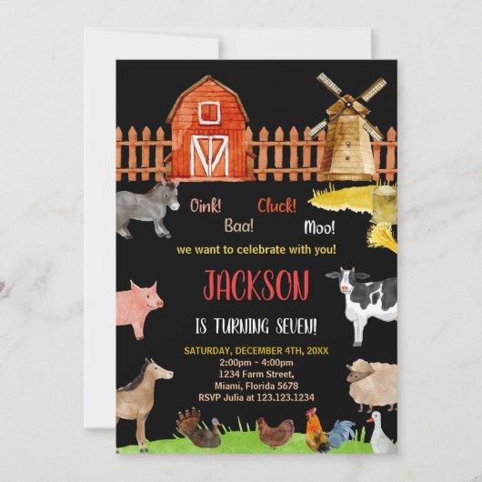 Rood Zwart Rood Boerderij Dieren Verjaardag Uitnod Kaart (Voorkant)