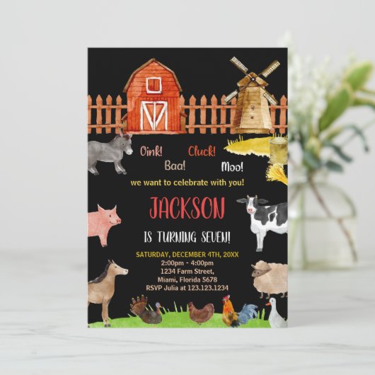 Rood Zwart Rood Boerderij Dieren Verjaardag Uitnod Kaart (Staand voorkant)