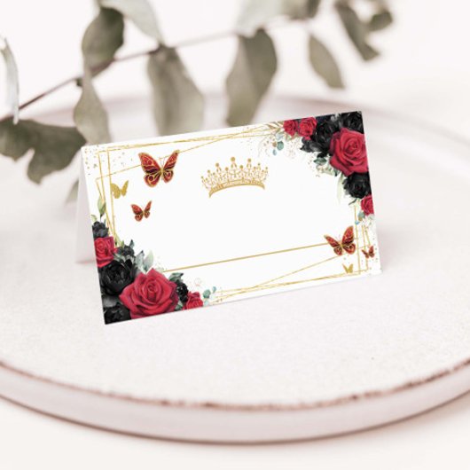 Rood Zwart Roos Bloemen Gouden Vlinders Quinceañer Plaatskaartje