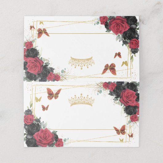 Rood Zwart Roos Bloemen Gouden Vlinders Quinceañer Plaatskaartje (Buitenkant ongevouwen)