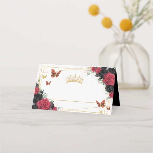 Rood Zwart Roos Bloemen Gouden Vlinders Quinceañer Plaatskaartje (Achterkant)