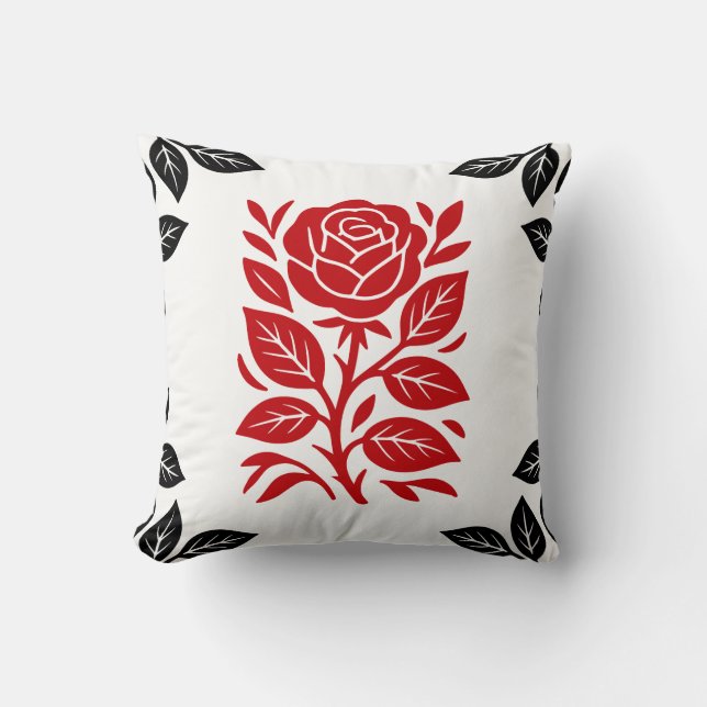 Rood & Zwart Roos Bloemen Modern Glam Kussen (Voorkant)