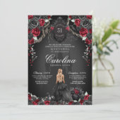 Rood Zwart Roos Gothic Haunted Spooky Quinceanera Kaart (Staand voorkant)