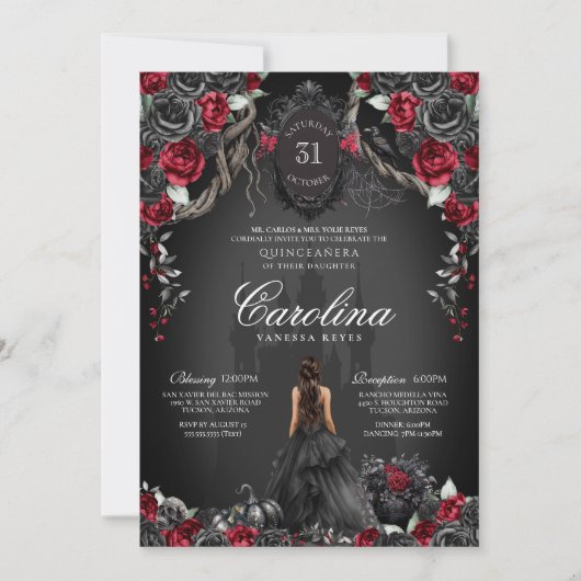 Rood Zwart Roos Gotisch Haunted Castle Quinceanera Kaart (Voorkant)