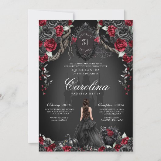 Rood Zwart Roos Gotisch Haunted Castle Quinceanera Kaart (Voorkant)