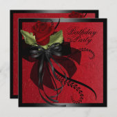 Rood & Zwart Roos Verjaardagsuitnodiging Kaart (Voorkant / Achterkant)