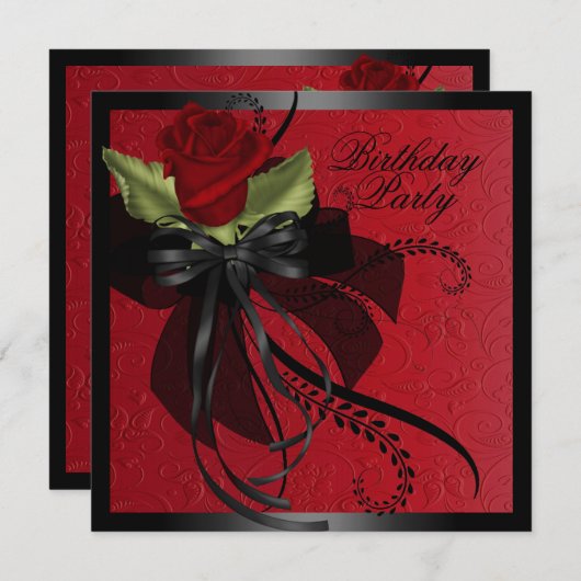 Rood & Zwart Roos Verjaardagsuitnodiging Kaart (Voorkant / Achterkant)
