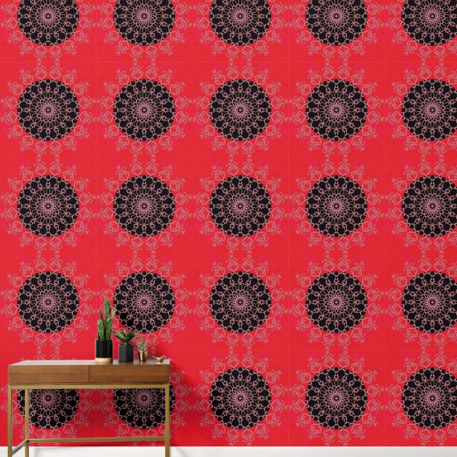 Rood Zwart Roze Mandala Abstract Bloem Behang (Hal)