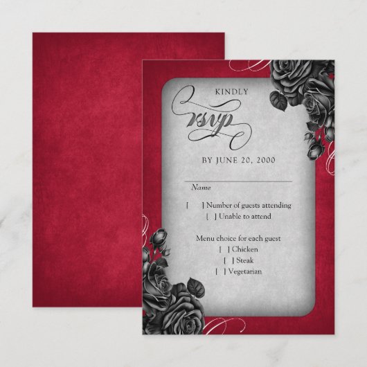 Rood Zwart Rozen Gotische bruiloft RSVP Kaartje (Voorkant / Achterkant)