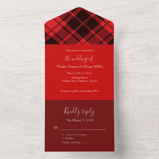 rood zwart schotse celtic tartan bruiloft patroon all in one uitnodiging (Binnen)