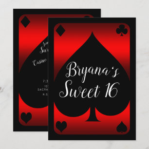 Rood & Zwart Spade Glam Casino Sweet 16 Feestje Kaart