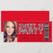 Rood Zwart Sweet 16 Ticket Uitnodiging (Voorkant / Achterkant)