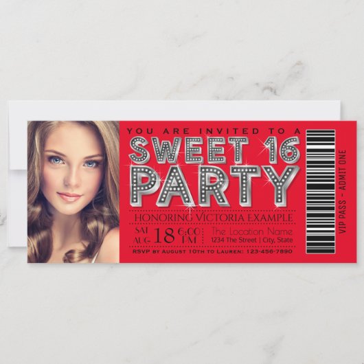 Rood Zwart Sweet 16 Ticket Uitnodiging (Voorkant)